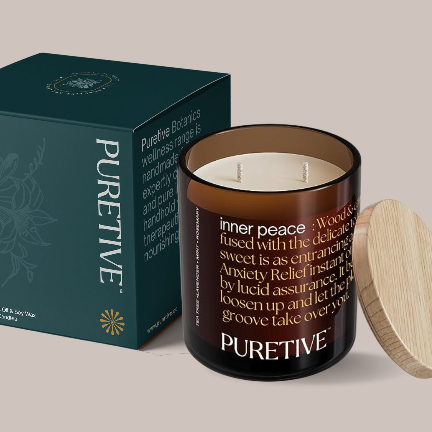 Scented candle with wooden lid and branded box, labeled "PURETIVE" for inner peace and anxiety relief.