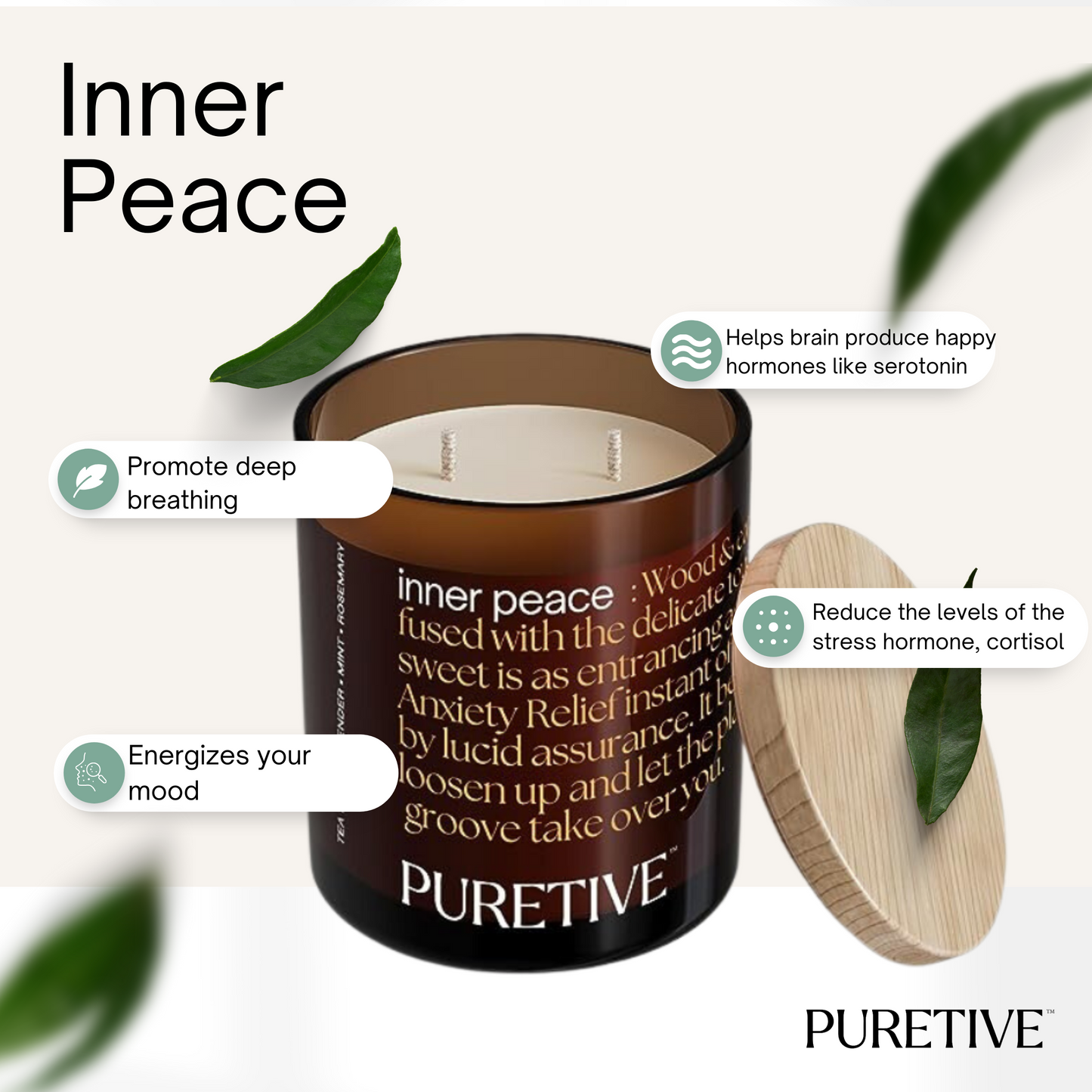 Advertisement for a scented candle labeled "Inner Peace" with benefits highlighted, like mood energizing and stress reduction.