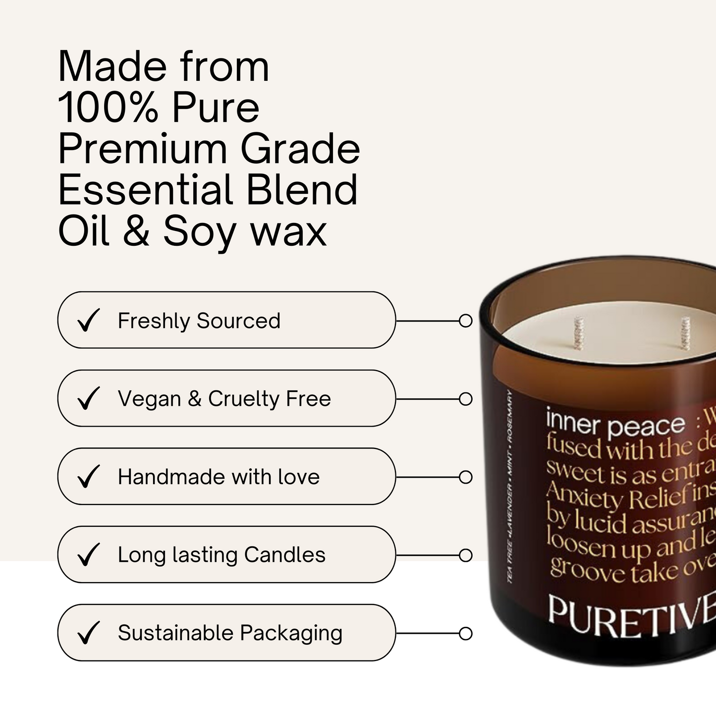 Ad for a soy wax candle highlighting features like 100% pure ingredients, vegan, cruelty-free, handmade, long-lasting, and eco-friendly packaging.