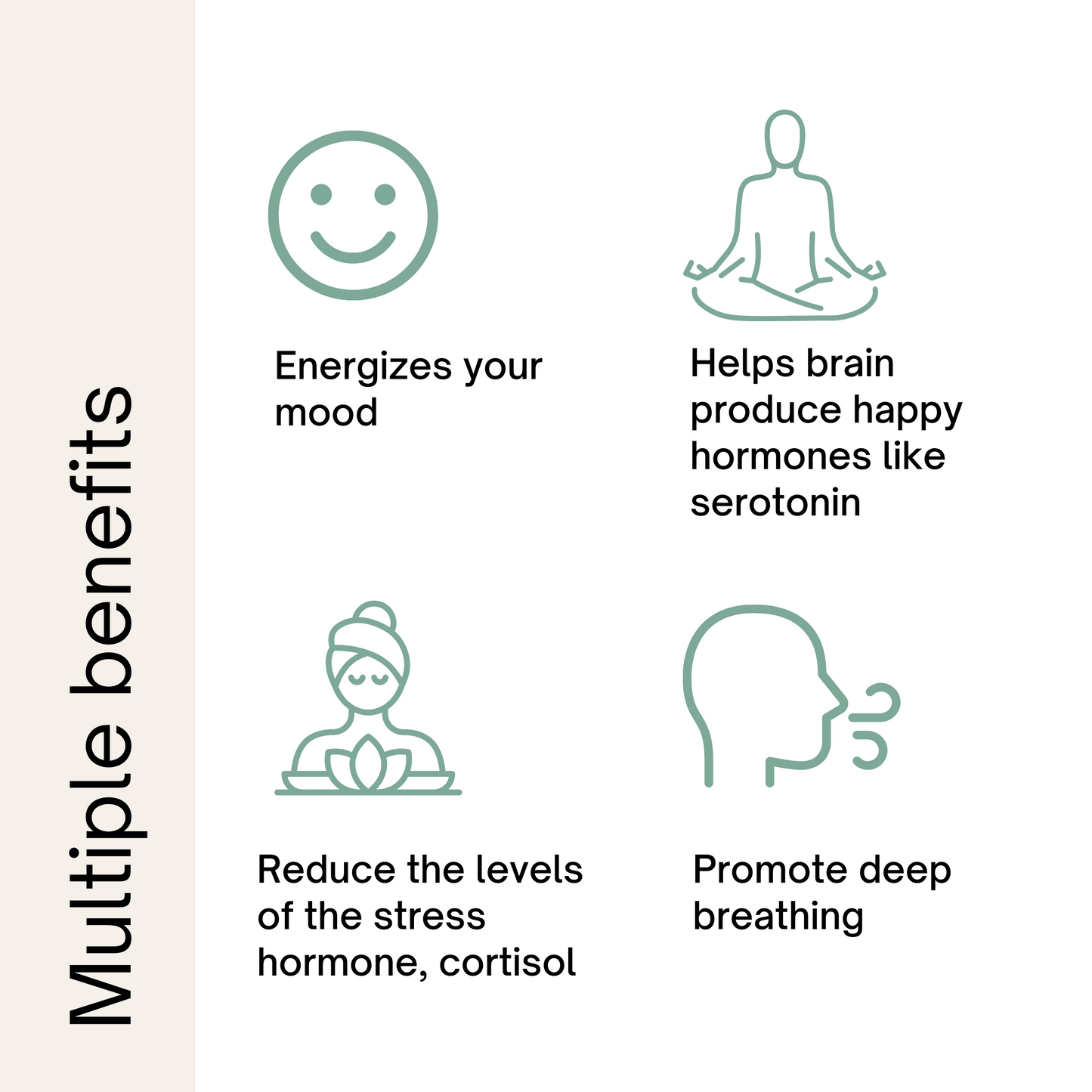 Infographic with icons illustrating multiple benefits of an activity, including mood energy, serotonin, reduced cortisol, and deep breathing.
