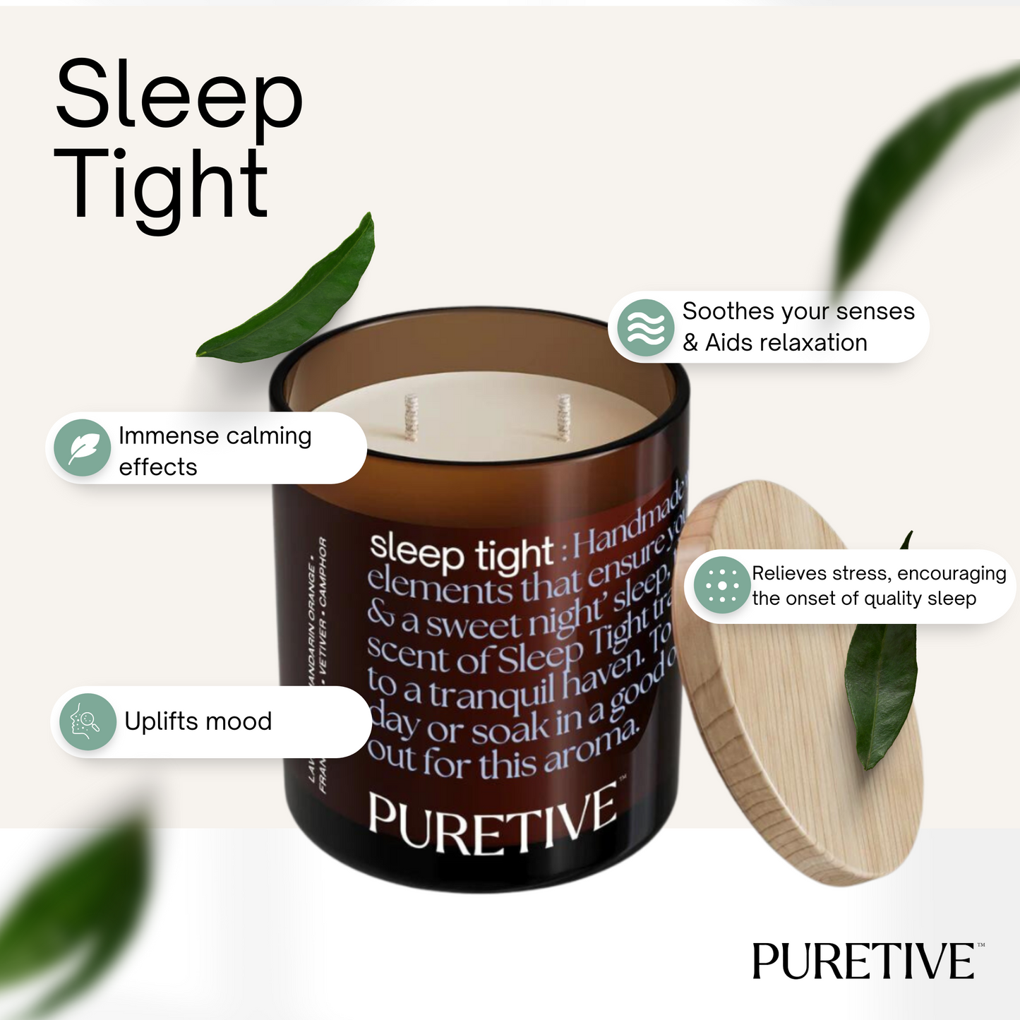 Advertisement for "Sleep Tight" scented candle with calming effects and wooden lid, by PURETIVE.