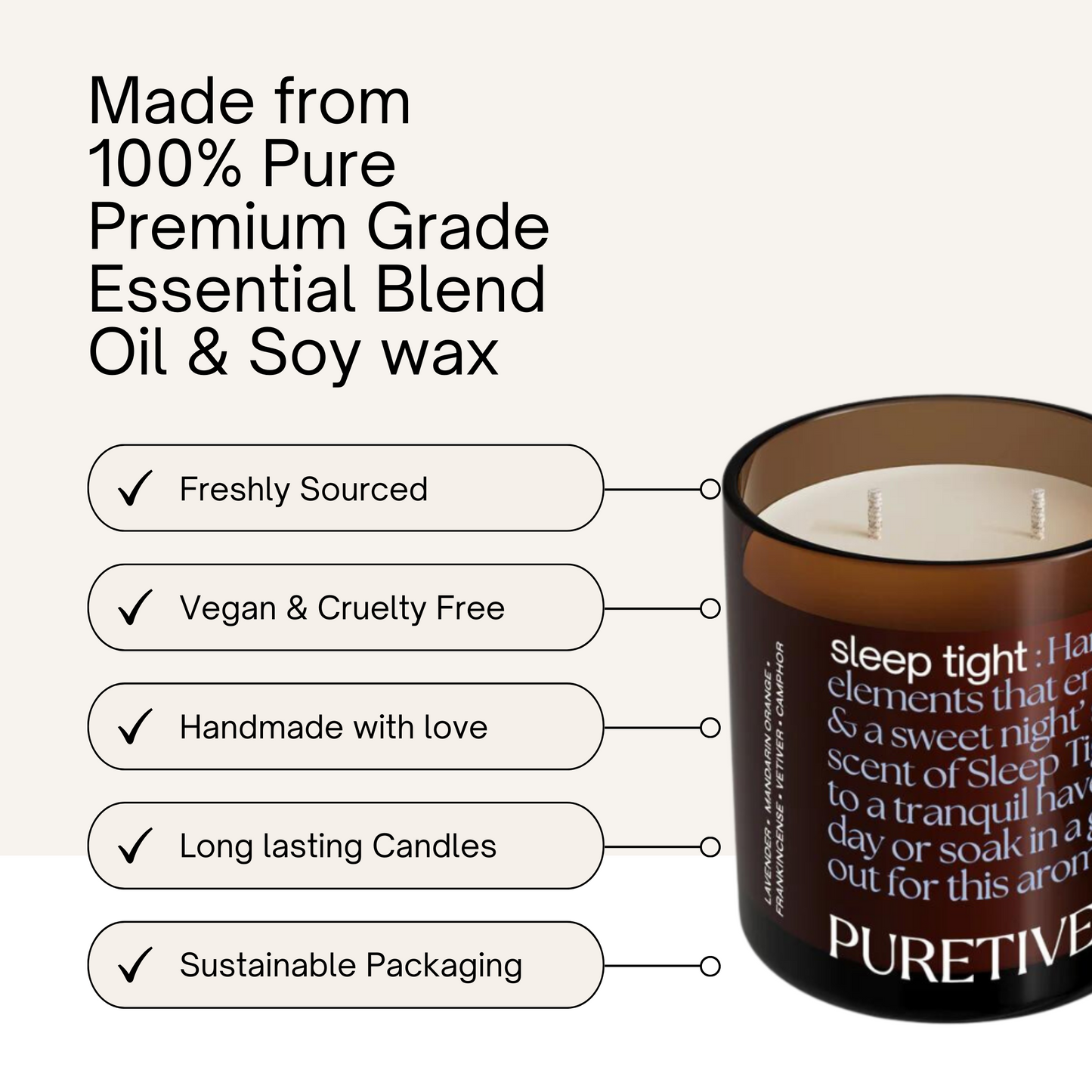 An advertisement for a scented soy wax candle, highlighting its pure ingredients and ethical qualities.