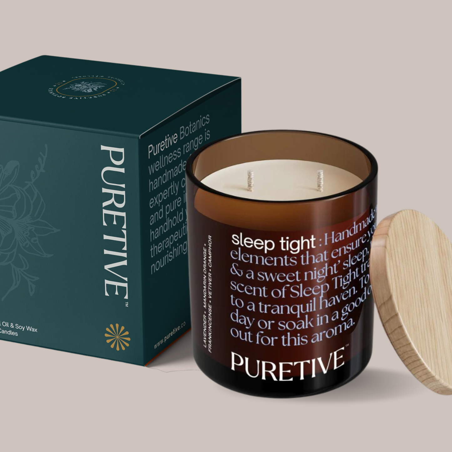 A scented candle with two wicks, wooden lid aside, and product box with text "PURETIVE."