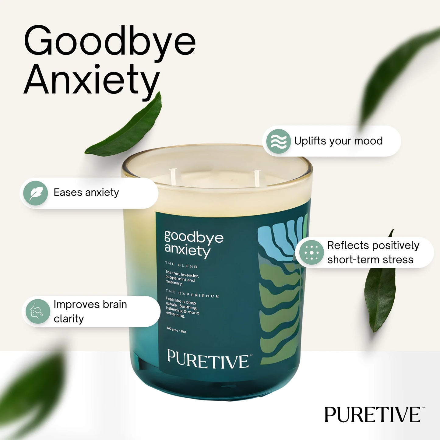 A candle labeled "Goodbye Anxiety" by PURETIVE, with benefits like easing anxiety and mood uplift noted.