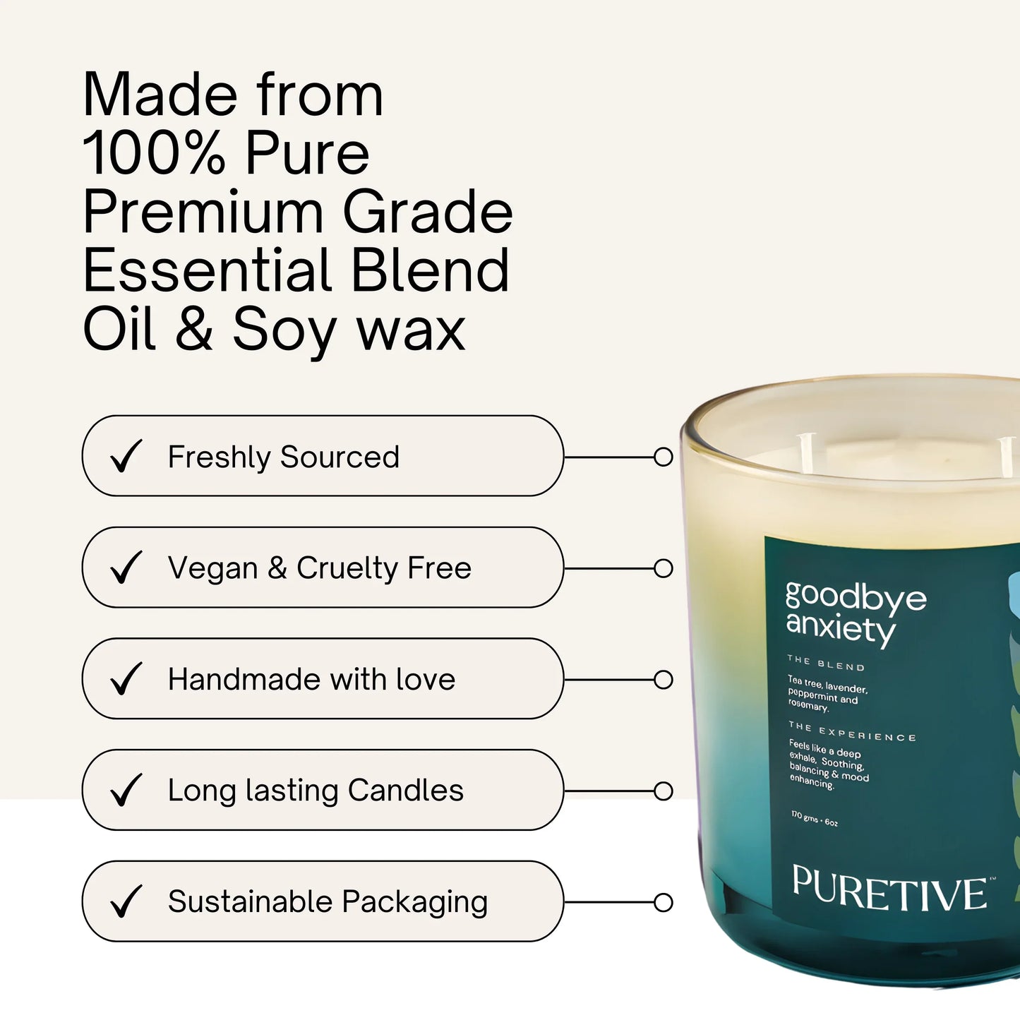 Scented candle with text highlighting 100% pure essential blend oil & soy wax, vegan, cruelty-free, and sustainable.