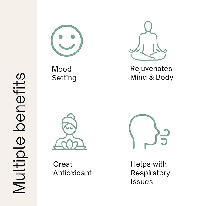 Infographic with icons representing benefits: mood setting, rejuvenation, antioxidant, and respiratory help.