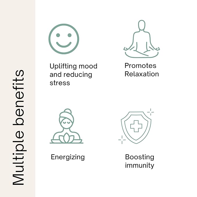 Graphic showing benefits like mood uplift, relaxation, energy boost, and immunity with related icons.