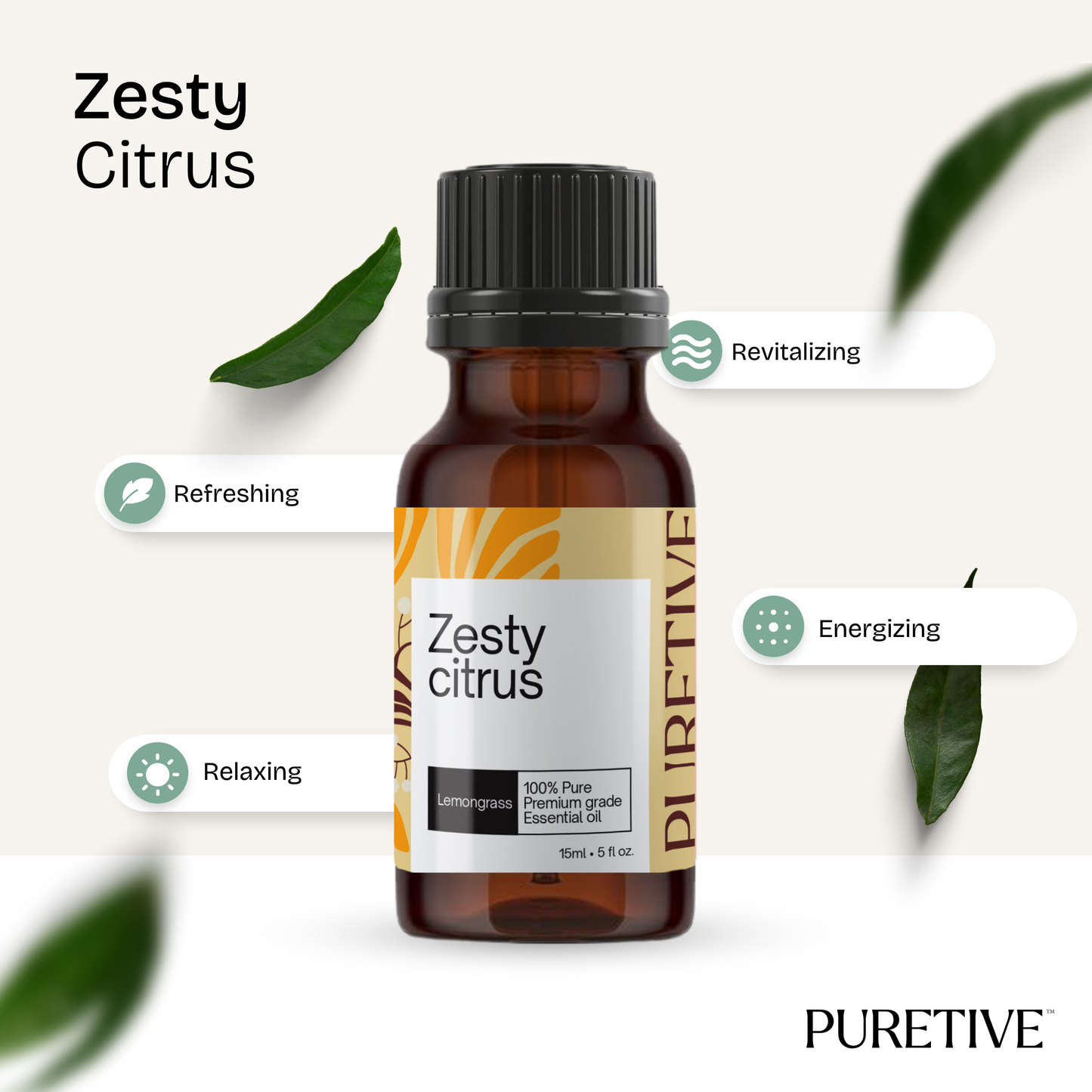 Bottle of Zesty Citrus essential oil with leaves and adjectives like Refreshing, Revitalizing, and Energizing.