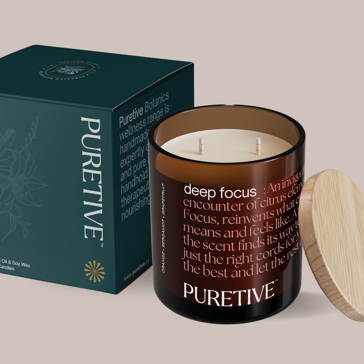 Scented candle with lid off beside its teal packaging box labeled "PURETIVE".