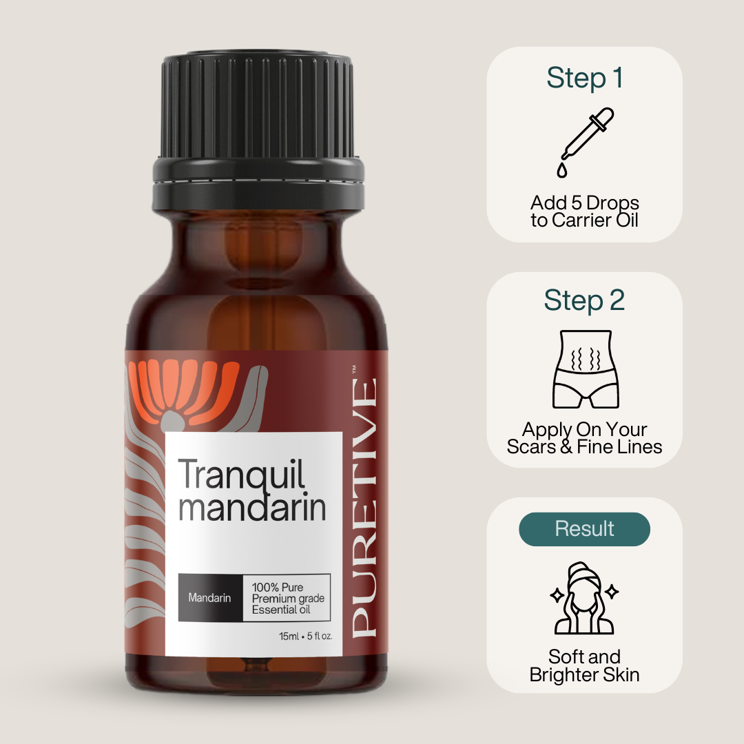 A bottle of "Tranquil Mandarin" essential oil with instructions for achieving softer and brighter skin.
