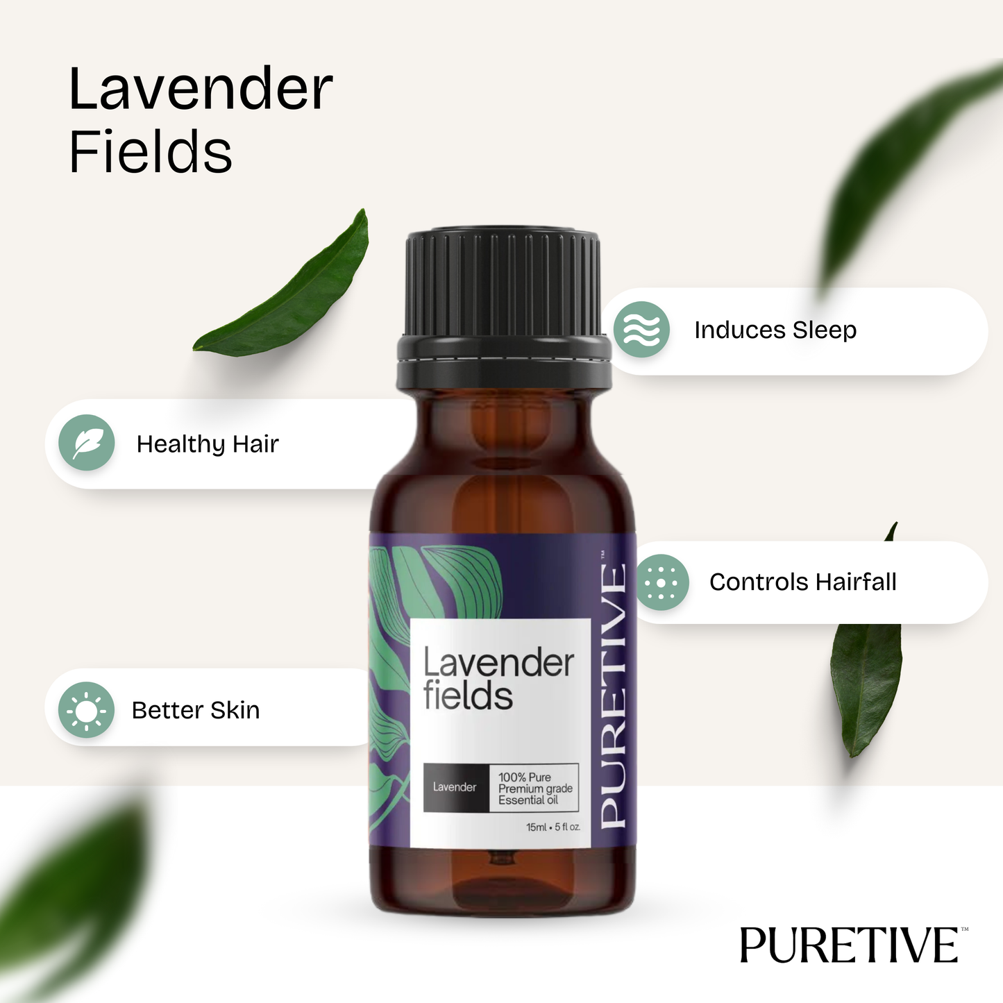 Bottle of PURETIVE Lavender Fields essential oil with benefits like hair health and sleep aid listed.