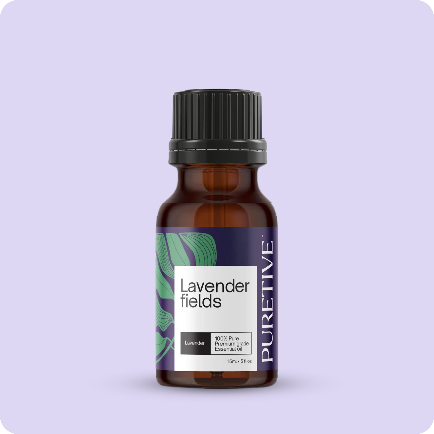 A bottle of lavender essential oil labeled "Lavender fields" with a green and purple design on a purple background.