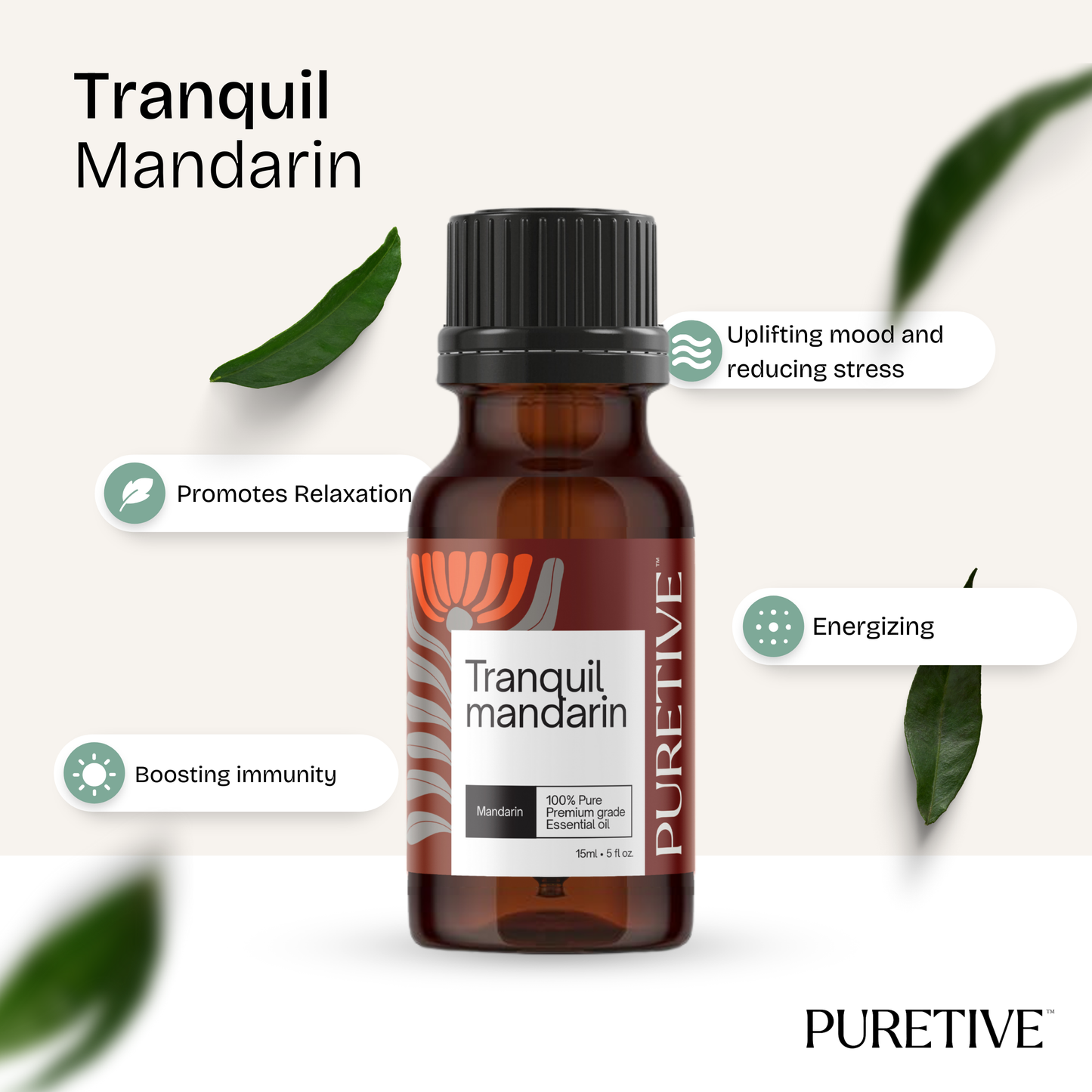 Bottle of "Tranquil Mandarin" essential oil with leaves and claimed benefits like relaxation and immunity boost.