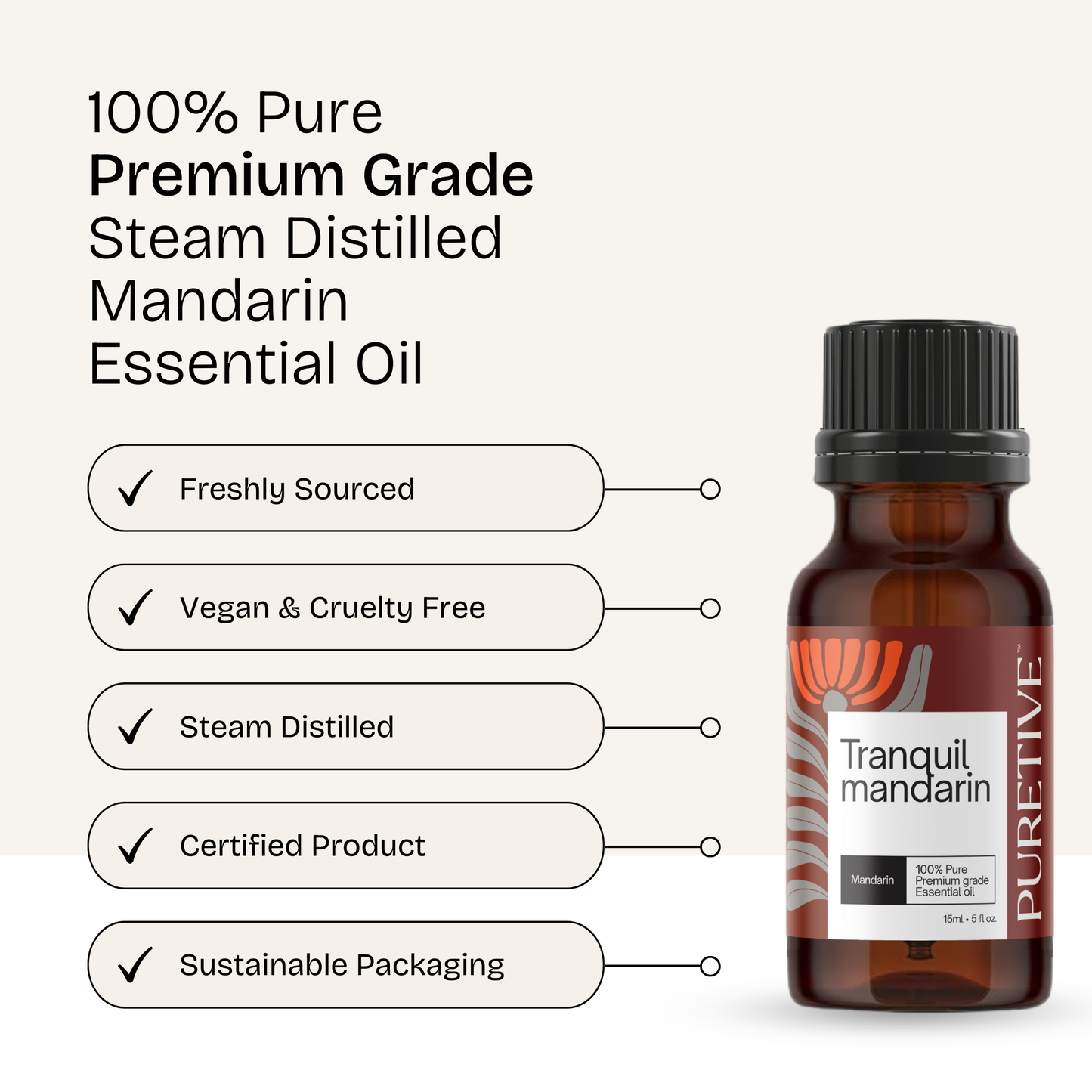 Bottle of Tranquil Mandarin essential oil with benefits listed like vegan, cruelty-free, and sustainable.