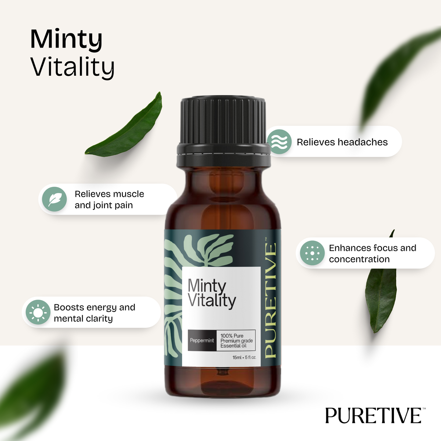 Ad for "Minty Vitality" essential oil by PURETIVE, listing benefits like headache relief and focus improvement.