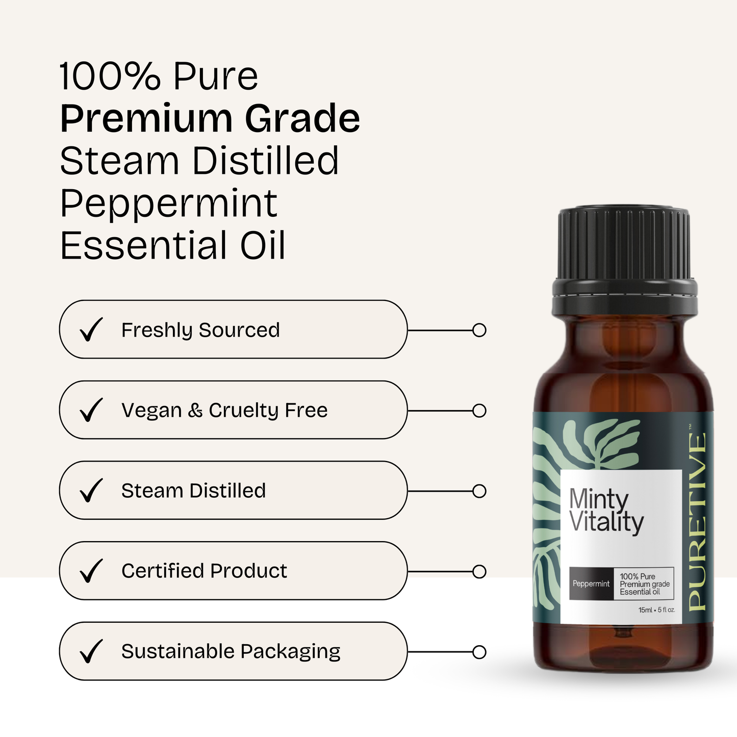 Bottle of peppermint essential oil with claims of purity, vegan, cruelty-free, steam-distilled, certified, and sustainable packaging.