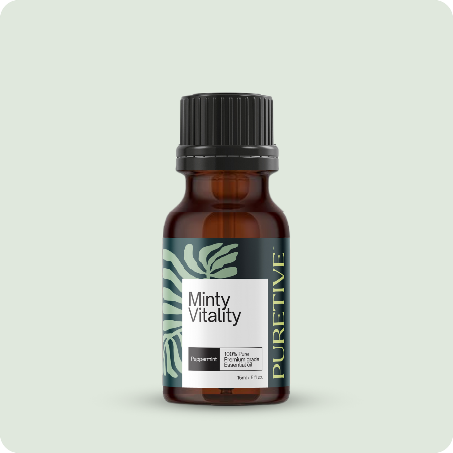 Small brown bottle labeled "Minty Vitality" with a peppermint essential oil label, against a white background.
