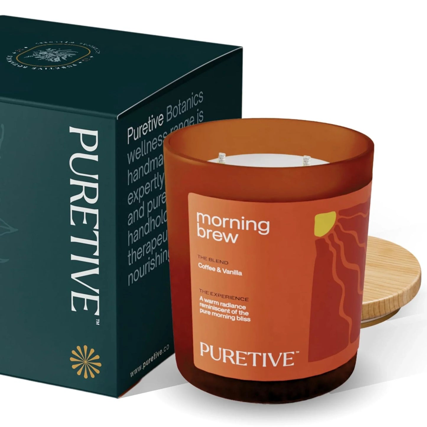 Scented candle with "Morning Brew" label beside its dark green packaging box reading "PURETIVE."