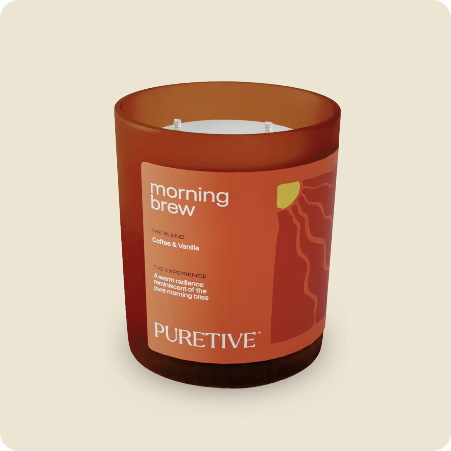 Scented candle labeled "morning brew" with coffee and vanilla blend by 'PURETIVE'.