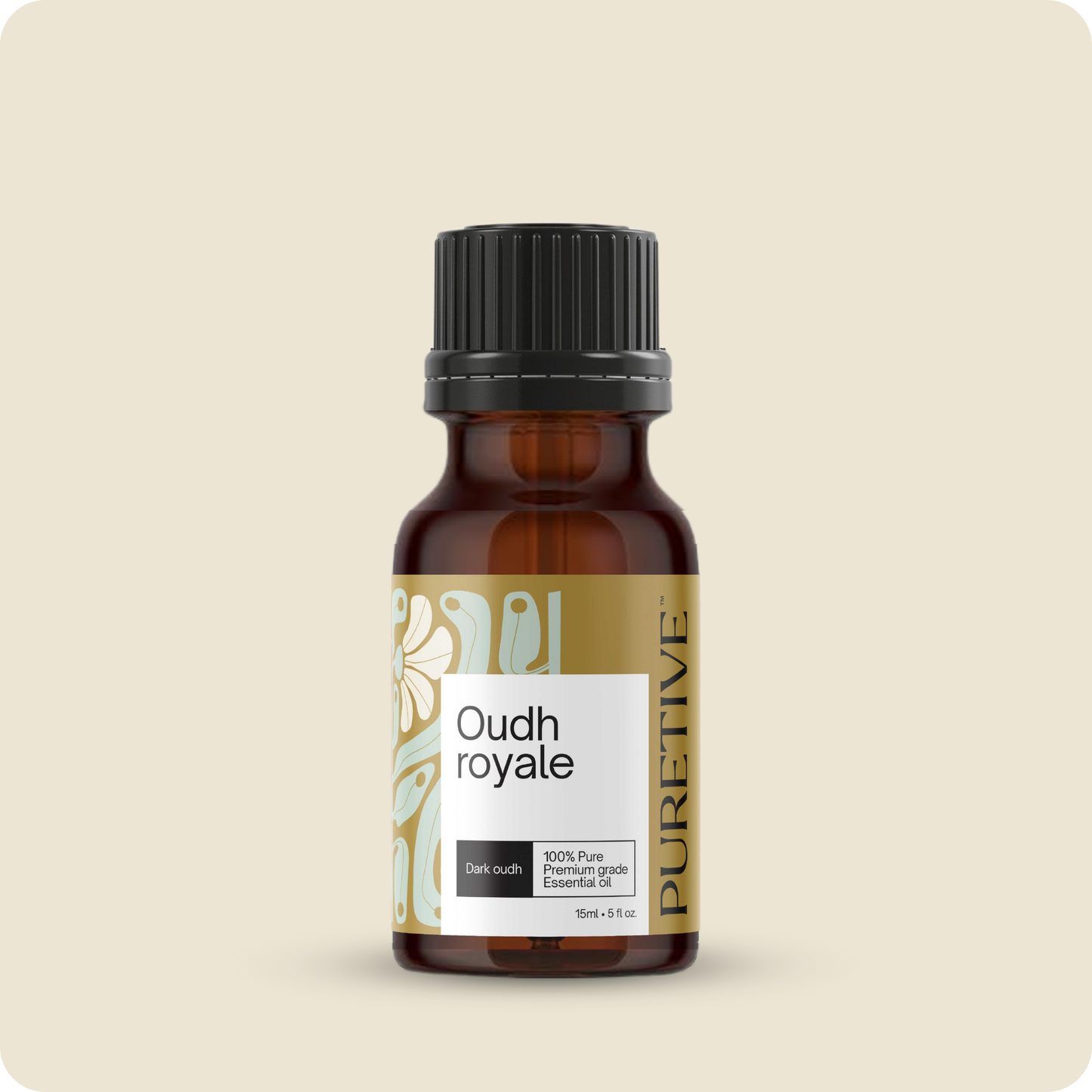 A brown glass essential oil bottle labeled "Oudh Royale" on a beige background.