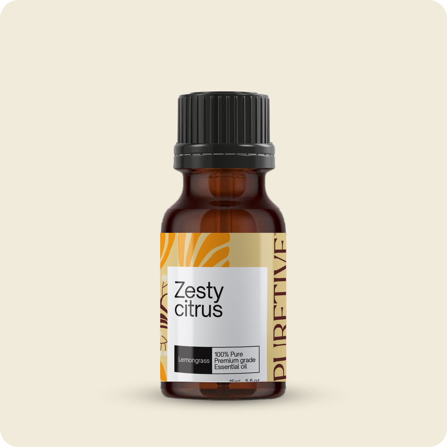 Brown glass bottle with a 'Zesty Citrus' essential oil label against a plain background.