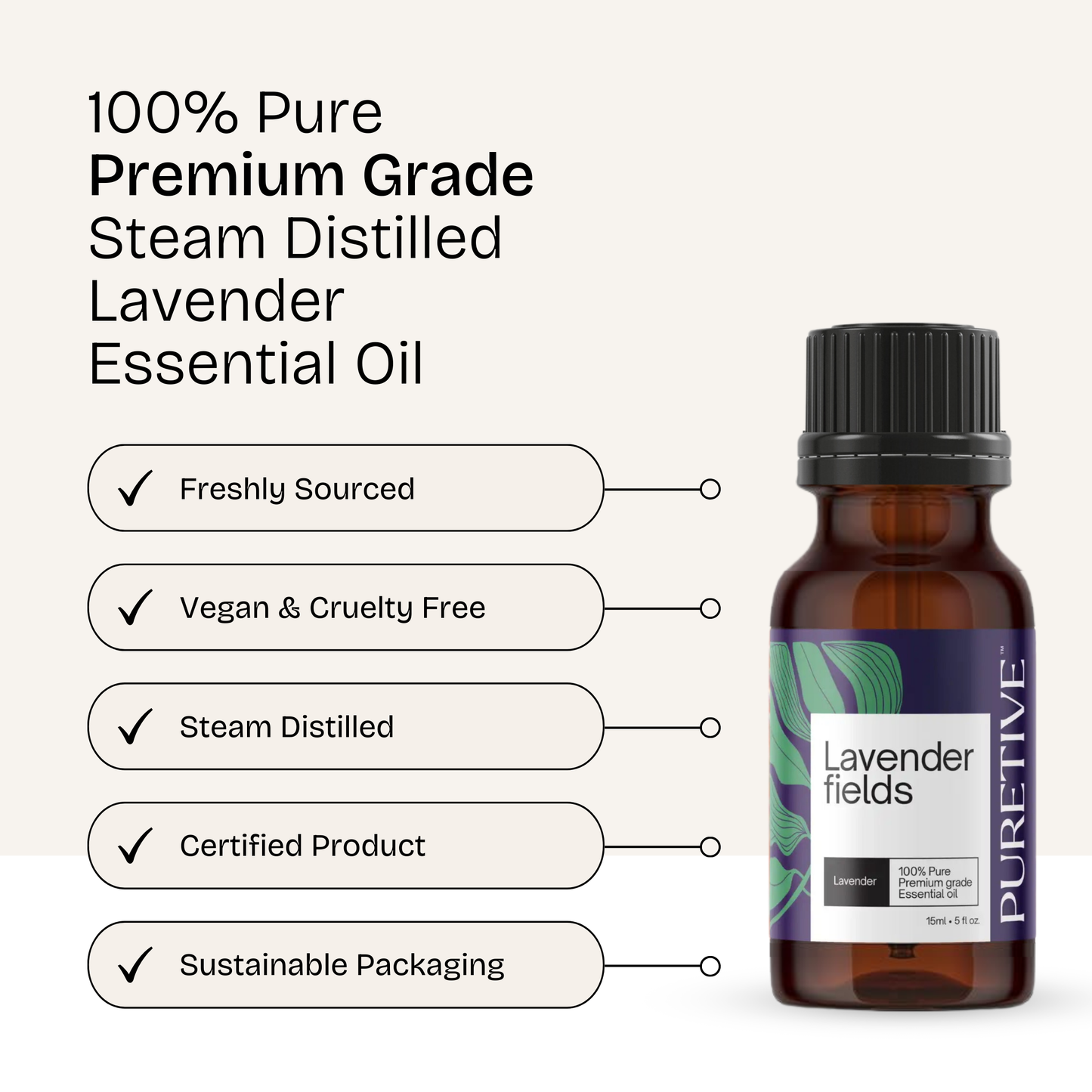 Ad image for lavender essential oil listing benefits like vegan, cruelty-free, and sustainable packaging.