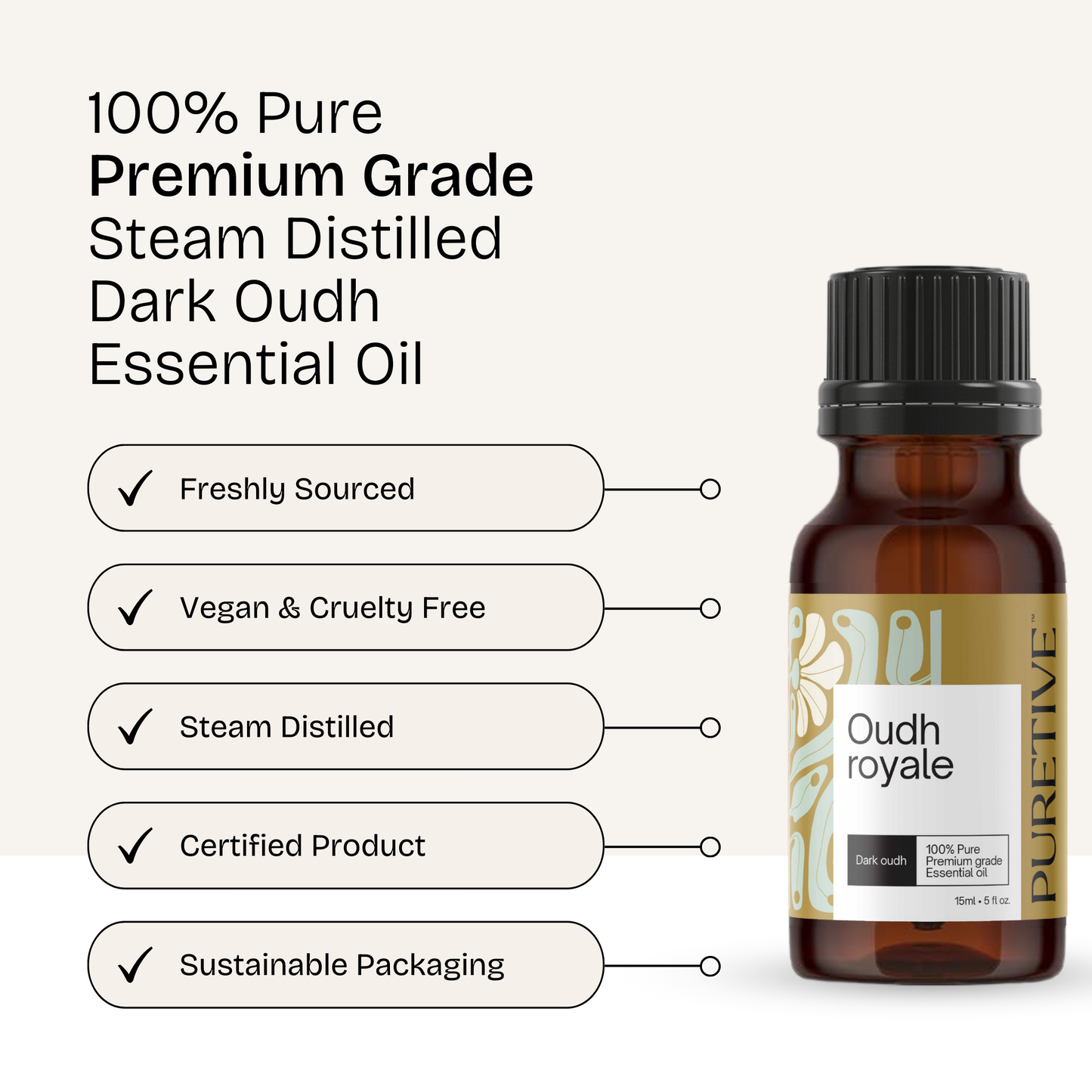 A brown bottle of Dark Oudh Essential Oil with quality badges like Vegan and Steam Distilled.