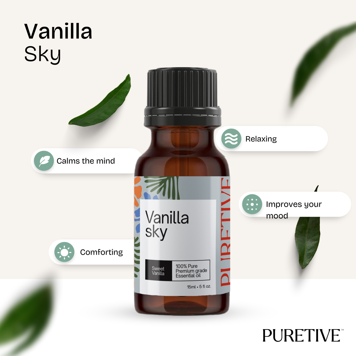 Brown essential oil bottle labeled "Vanilla Sky" with leaves and attributes like "Relaxing" and "Improves your mood."