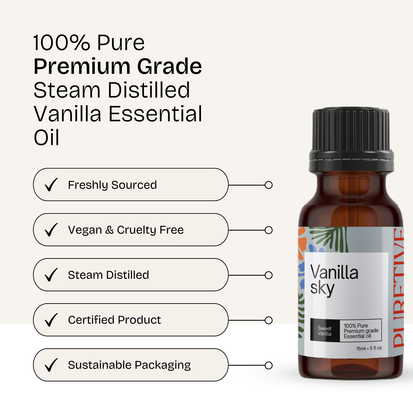Bottle of Vanilla Essential Oil with labels highlighting purity, vegan, distillation, certification, and packaging.