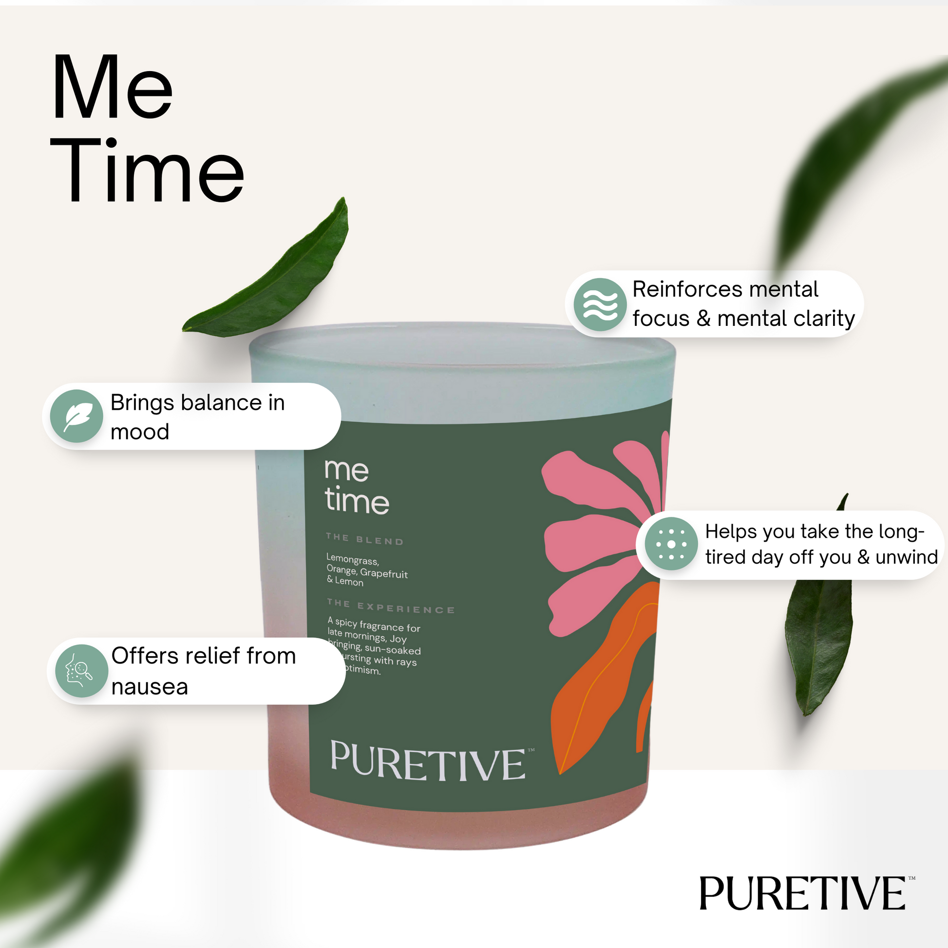 Picture of Puretive's Me time Exotic Scented Candle with a 100% Pure Soy Wax blended with 100% Pure essential oils curated to help you with more energetic mornings, relief from nausea, unwind & Reinforces mental focus & Clarity