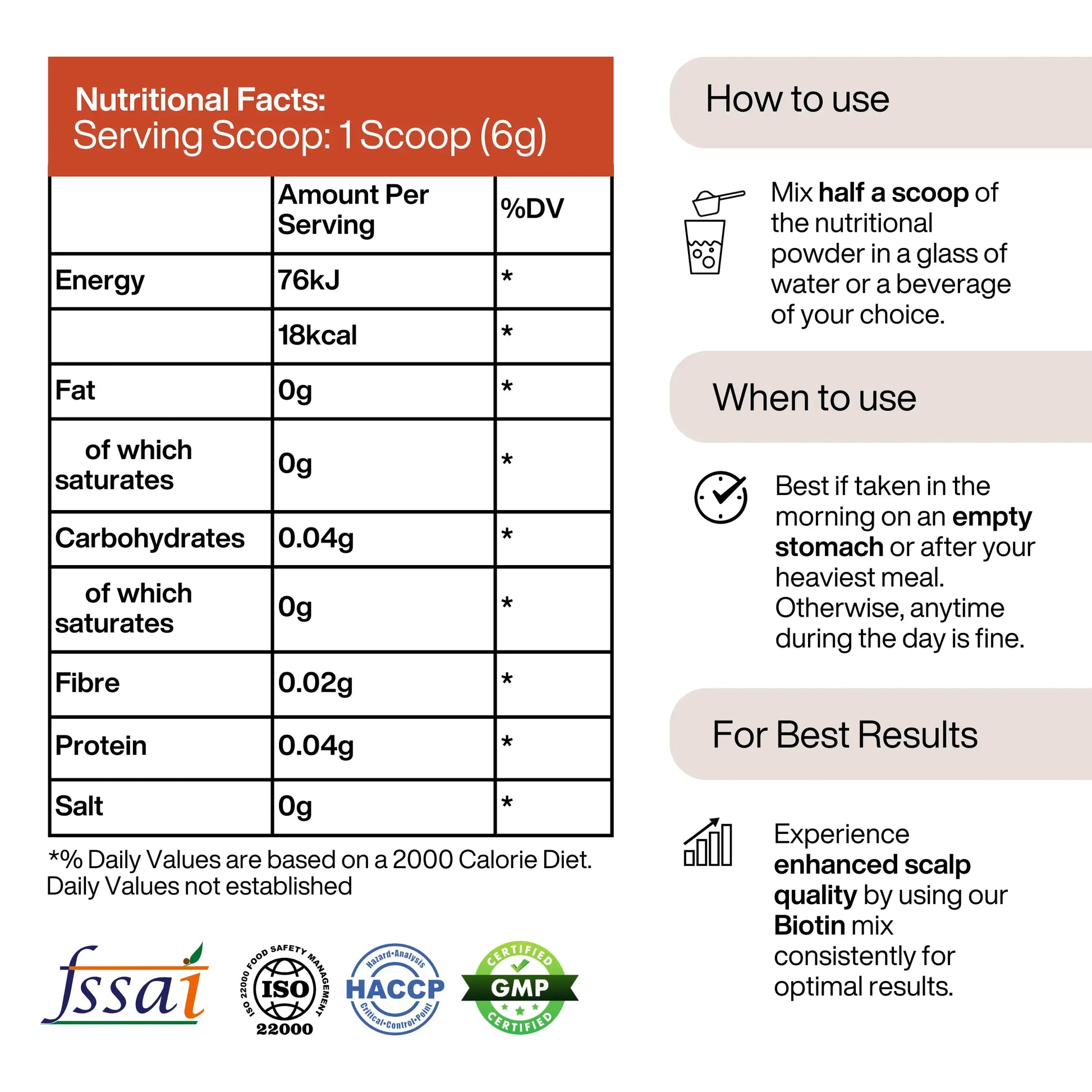 Picture of Puretive's Hair Revive Nutrition Mix's Nutritional Facts, How to use, When to use & How to get the Best Resuts. Also Certifications like FSSAI, ISO, HACCP & GMP are mentioned.