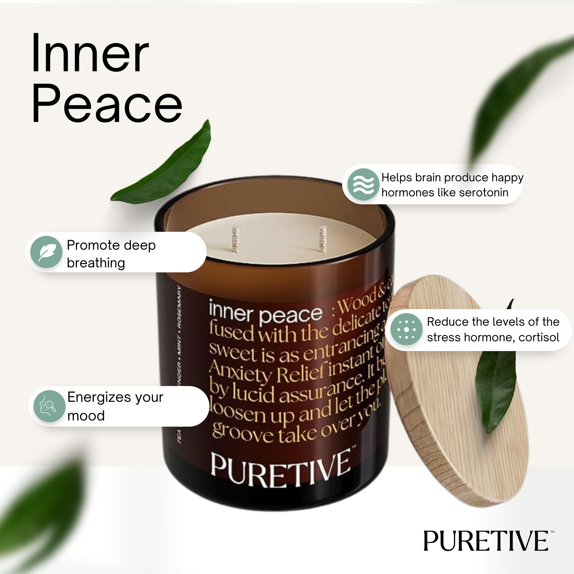 Picture of Puretive's Inner Peace Wellness Scented Candle with a 100% Pure Soy Wax blended with 100% Pure essential oils curated to Promote deep breathing, energize your mood, help brain to produce happy hormones and reduce stress hormones.