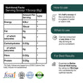 Picture of Puretive's Super Leaf Nutrition Mix's Nutritional Facts, How to use, When to use & How to get the Best Resuts. Also Certifications like FSSAI, ISO, HACCP & GMP are mentioned.