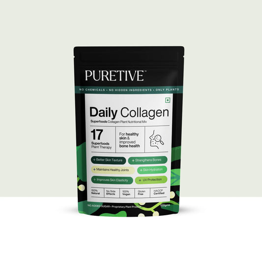 Puretive's Daily Collagen Nutrition Mix with 17 100% Pure superfoods, aimed at protecting the skin barrier by boosting collagen production, improving skin health and joint function. Additionally providing UV protection & hydration.