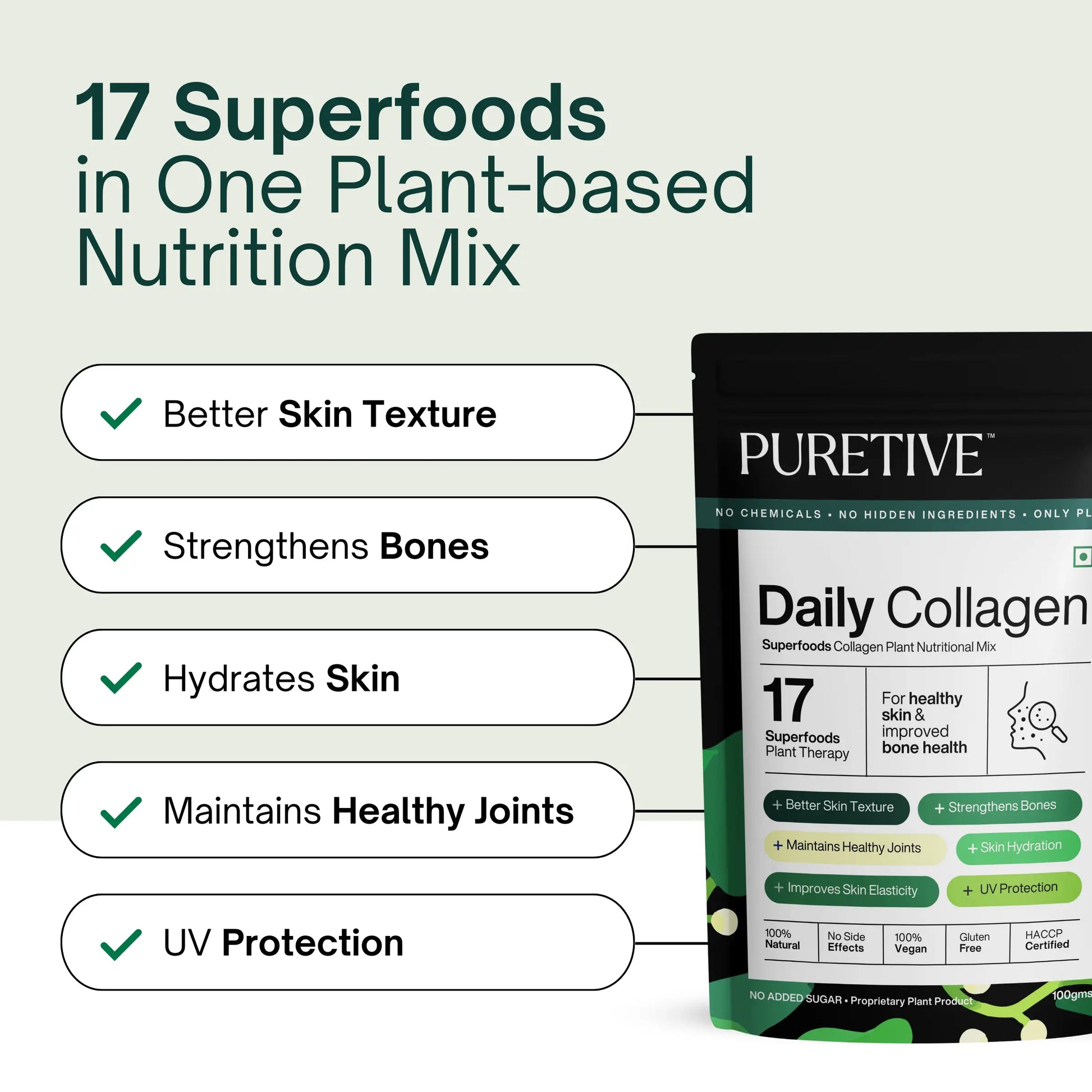 Puretive's Daily Collagen Nutrition Mix with 17 100% Pure superfoods, aimed at protecting the skin barrier by boosting collagen production, improving skin health and joint function. Additionally providing UV protection & hydration.