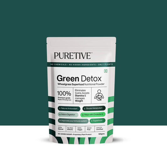 Puretive's Green Detox Nutriton mix infused with 17 pure superfoods rich in iron, calcium, 17 amino acids, vitamins, and proteins. With its rich antioxidants and anti-inflammatory properties, it not only helps with acidity, pH balance, and digestion but also enhances your body's detoxification and healing processes.