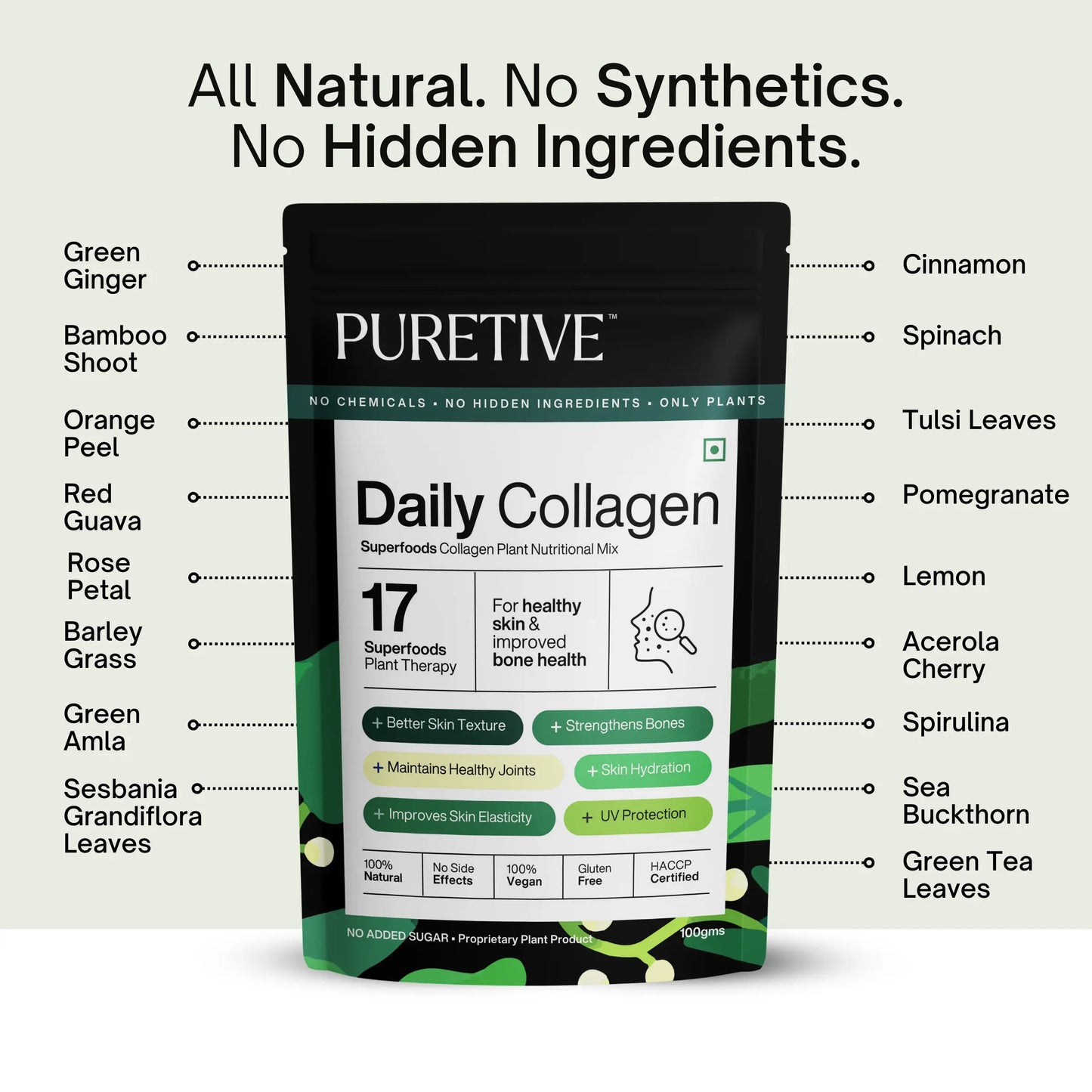 Picture of ingredients that goes in side Puretive's Daily Collagen Nutrition Mix as we believe in Transparency. Puretive's Daily Collagen Nutrition Mix comes is a 100% Pure blend of green ginger, bamboo shoot, orange peel. red guava, rose petal, barley grass, green amla, sesbania grandiflora leaves, cinnamon, spinach, tulsi leaves, pomegranate, lemon, acerola cherry, spirulina, sea buckthorn & green tea leaves