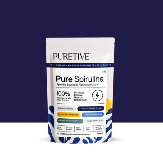 Picture of Puretive's Pure Spirulina Nutrition Mix packed with 100% Pure Spirulina Powder as it helps in BUilding immunity, rich in vitamins & Proteins, improves bone health, rich in antioxidants & Improves skin health.
