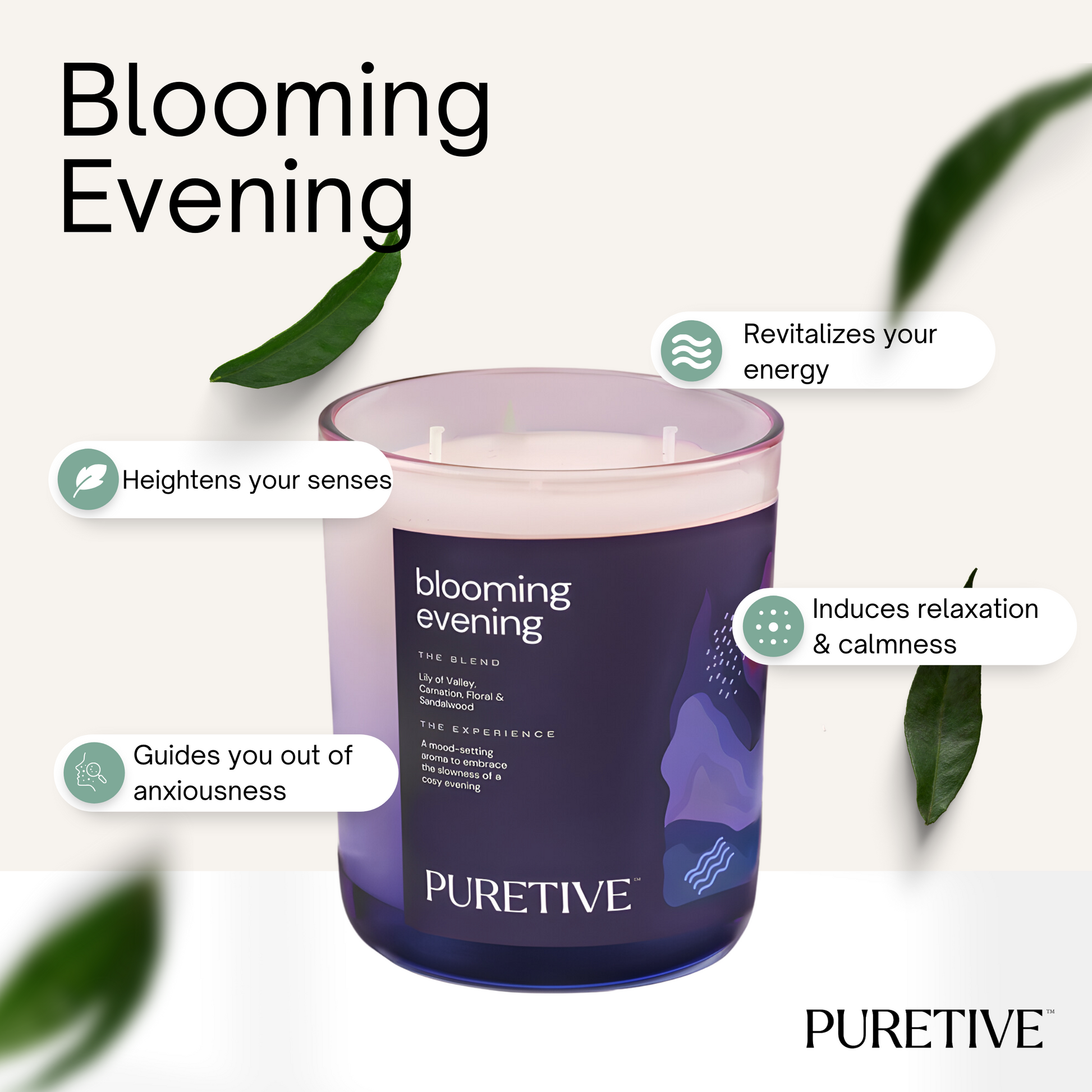 A purple scented candle with text "blooming evening" and benefits like relaxation and energy boost.