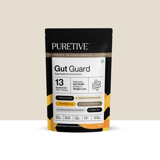 Picture of Puretive's Gut Guard Nutrition Mix made with 13 100% pure superfoods designed to alleviate common digestive issues such as acidity, bloating, flatulence, indigestion – aiming to enhance metabolism & nutrition absorption.