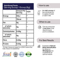 Nutritional facts label and usage instructions for a dietary supplement.