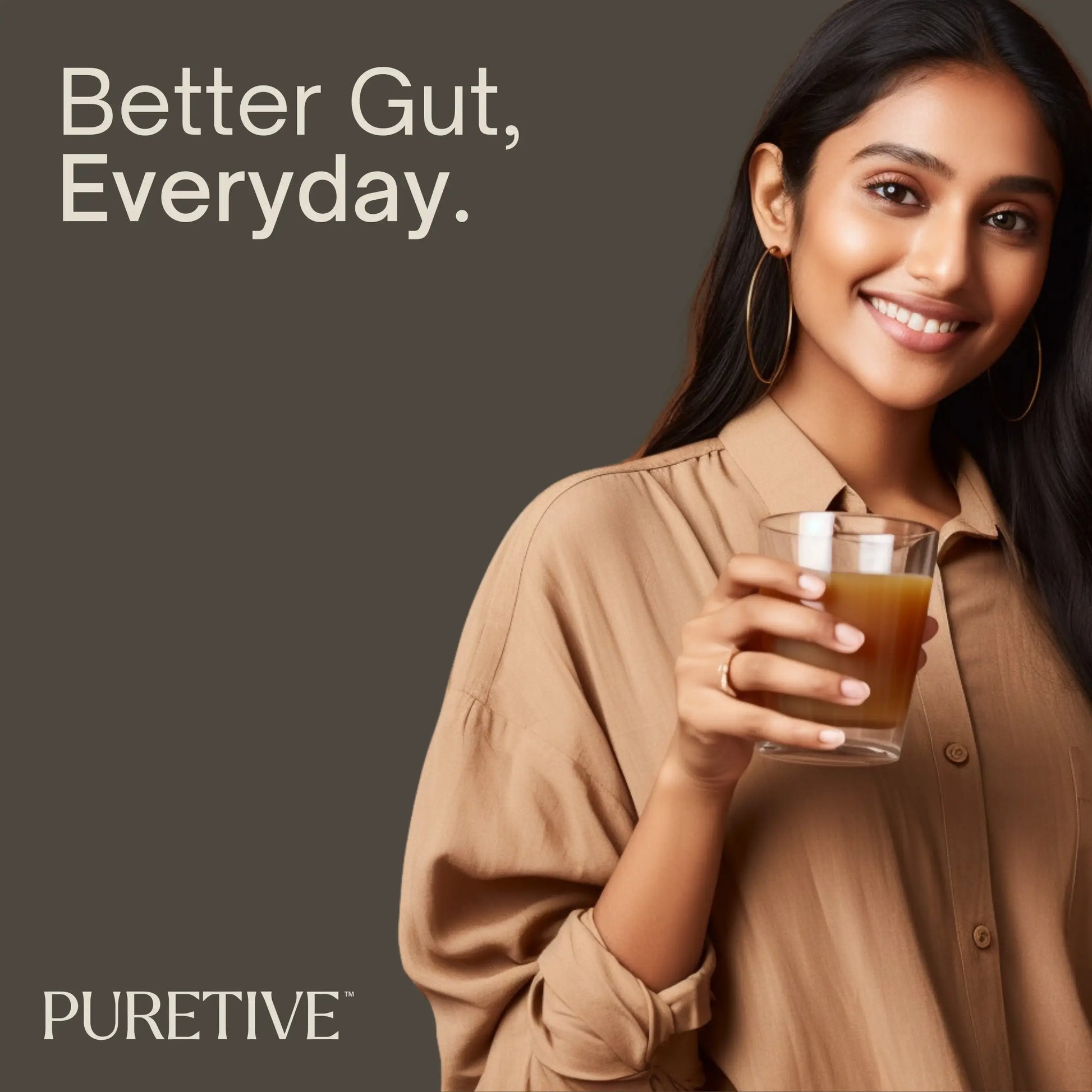 Picture of a woman in her mid 20's enjoying a sip of Puretive's Gut Guard Nutrition Mix as her daily ritual to keep her gut healthy