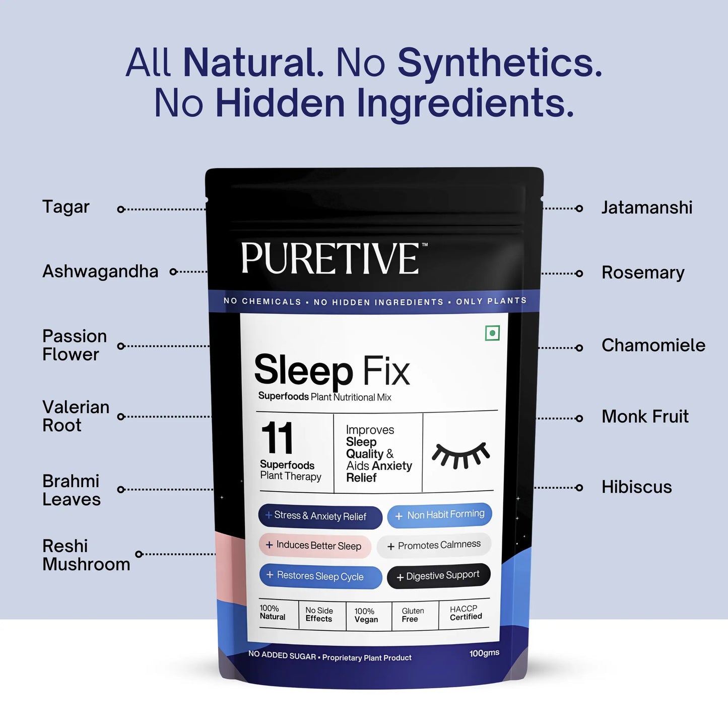 Picture of ingredients that goes inside Puretive's Sleep Fix Nutrition Mix as we believe in Transparency. Puretive's Sleep Fix Nutrition Mix comes in a 100% Pure blend of Tagar, Ashwagandha, passion flower, valerian root, brahmi leaves, reshi mushroom, jatamanshi, rosemary, chamomiele, monk fruit & Hibisucs.