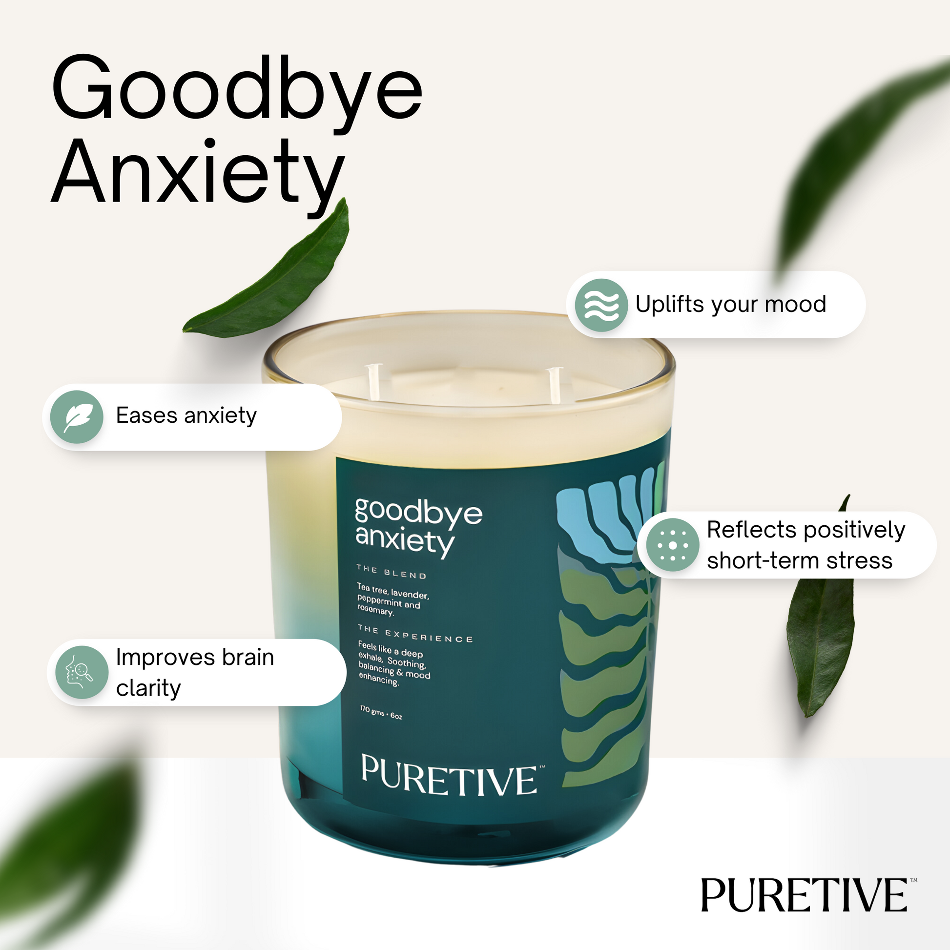 Picture of Puretive's Goodbye Anxiety Exotic Scented Candle with a 100% Pure Soy Wax blended with 100% Pure essential oils curated to Reflect Short term stress positively, improve brain clarity, ease anxiety & Uplift mood