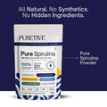 Container of Puretive Pure Spirulina Powder with health benefits listed.