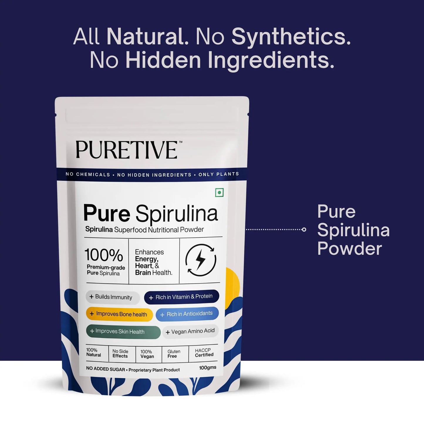 Picture of Puretive's Pure Spirulina Nutrition Mix packed with 100% Pure Spirulina Powder as it helps in BUilding immunity, rich in vitamins & Proteins, improves bone health, rich in antioxidants & Improves skin health.