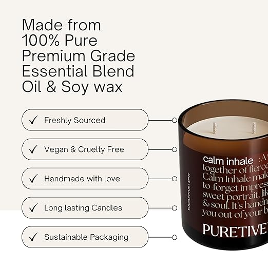 Picture of Puretive's Calm Inhale Wellness Scented Candle's Key Features such as "Freshly Sourced", "Vegan & Cruelty Free" , "Handmade With Love", "Long Lasting candles" & "Sustainable Packaging"