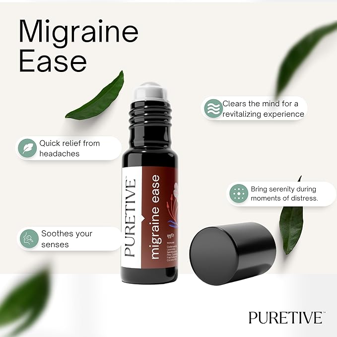 Picture of Puretive's Migraine Ease Roll On with a 100% Pure Blend of Essential Oils curated to help you get a Quick Relief from headaches, Bring Serenity during stress, Soothes your senses & clears the mind.
