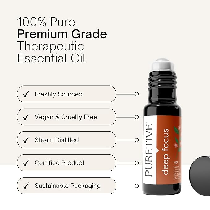 Picture of Puretive's Deep Focus Roll On's Key Features such as "Freshly Sourced", "Vegan & Cruelty Free" , "Steam Distilled", "Certified Product" & "Sustainable Packaging"