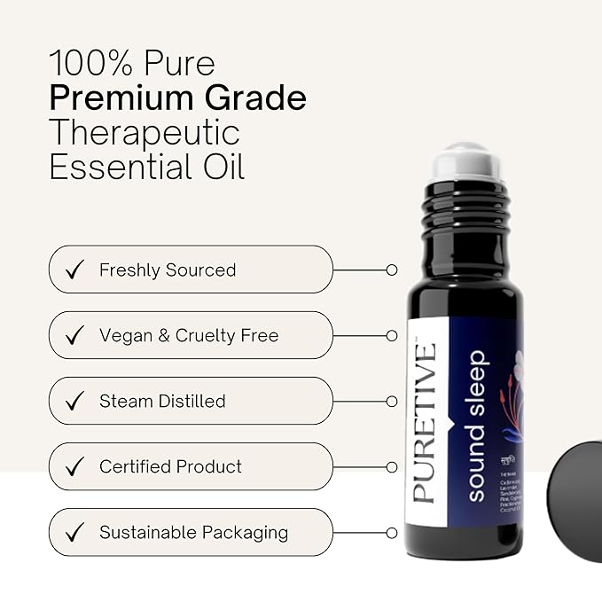 Picture of Puretive's Sound Sleep Roll On's Key Features such as "Freshly Sourced", "Vegan & Cruelty Free" , "Steam Distilled", "Certified Product" & "Sustainable Packaging"